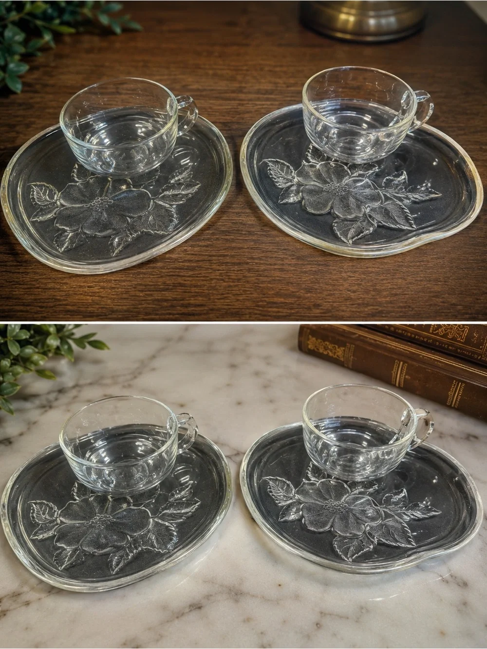 Vintage Clear Glass Apple Snack Set 2 Cups & 2 Apple Shaped Snack Plates